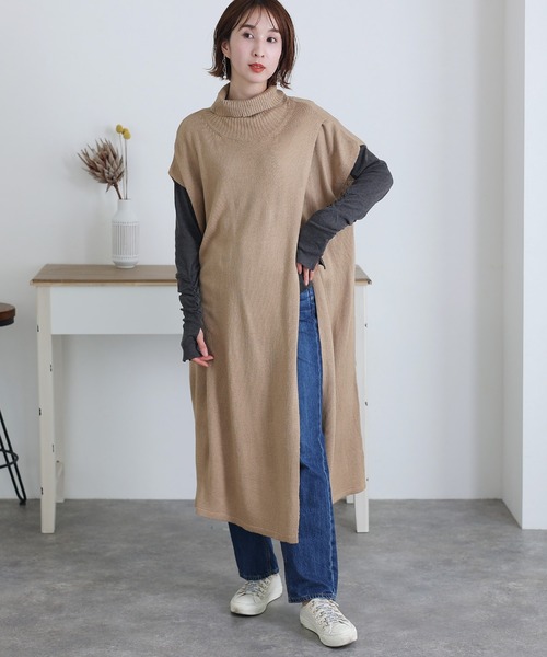 ハイネックロングベスト ElegChic ベスト ジレ ハイネックロングベスト レディース