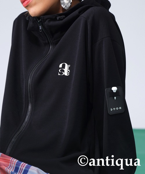 STCH antiqua ゴルフウェア 刺繍ロゴジップフーディー パーカー 黒 antiqua パーカー 「STCH」刺繍ロゴジップフーディー レディース