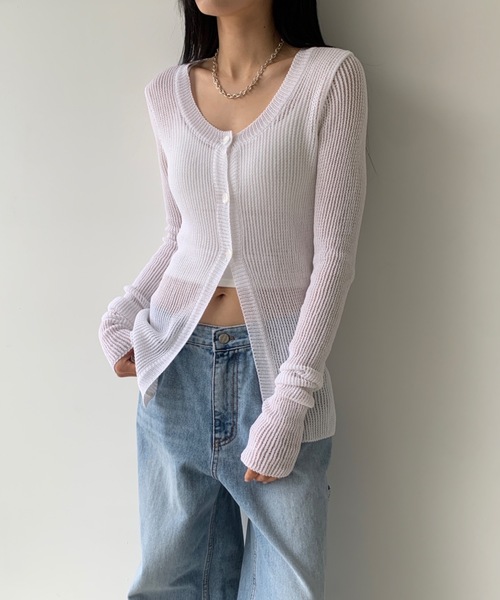 カーディガン 「DIDOT.」Uネックスリムメッシュカーディガン レディース
