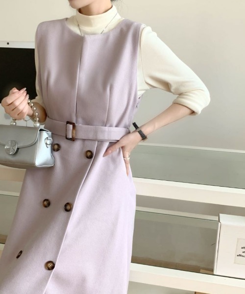 アドーア ジャンパースカート ロングワンピース Vネック ベルトデザイン