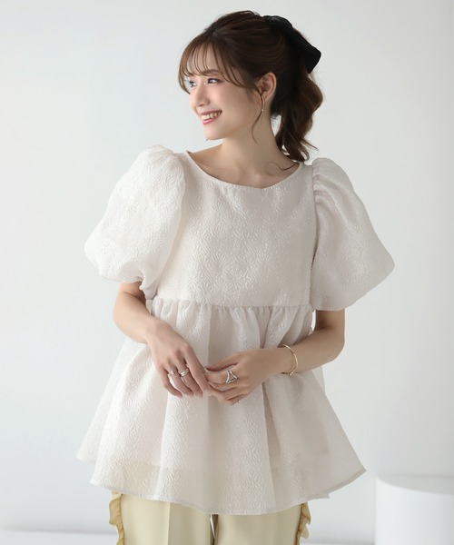 MERAKI ブラウス シャツ ふくれジャガードパフスリーブブラウス 