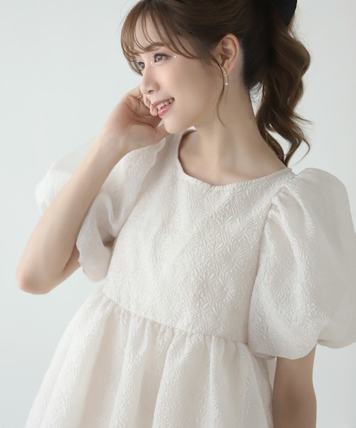 MERAKI ブラウス シャツ 半袖 ふくれジャガードパフスリーブブラウス
