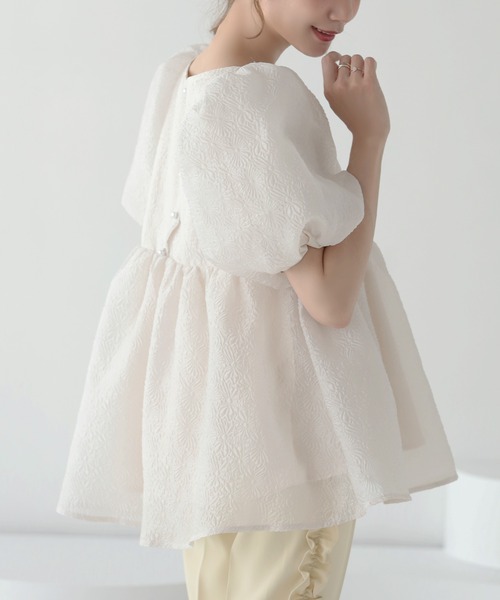 MERAKI ブラウス シャツ 半袖 ふくれジャガードパフスリーブブラウス
