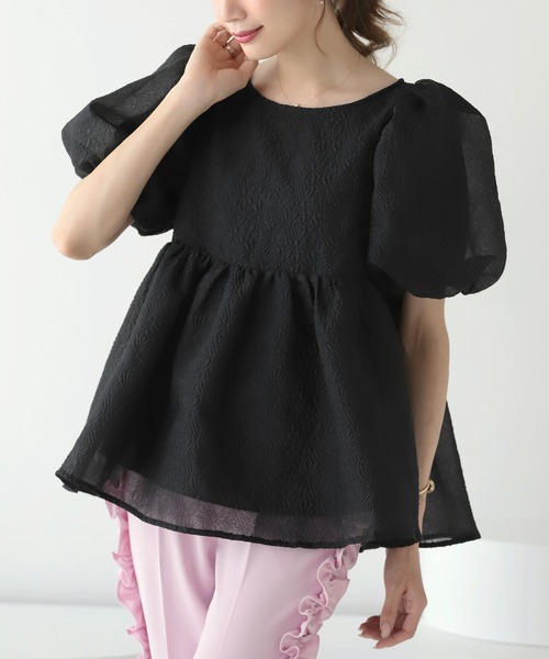 MERAKI ブラウス シャツ 半袖 ふくれジャガードパフスリーブブラウス