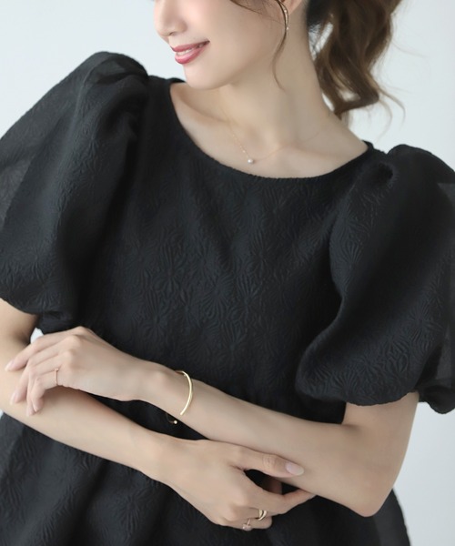 MERAKI ブラウス シャツ 半袖 ふくれジャガードパフスリーブブラウス