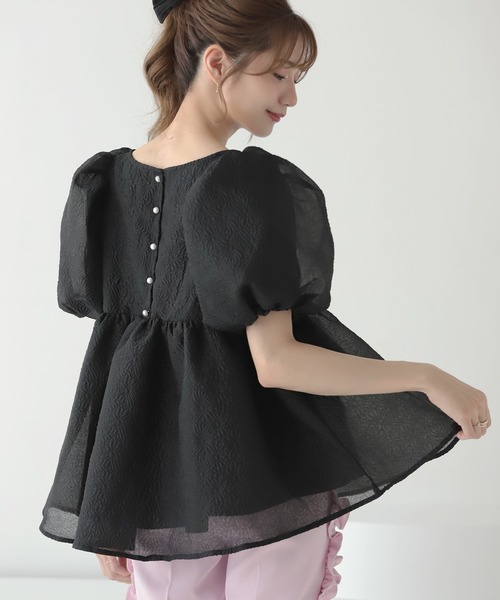MERAKI ブラウス シャツ ふくれジャガードパフスリーブブラウス 