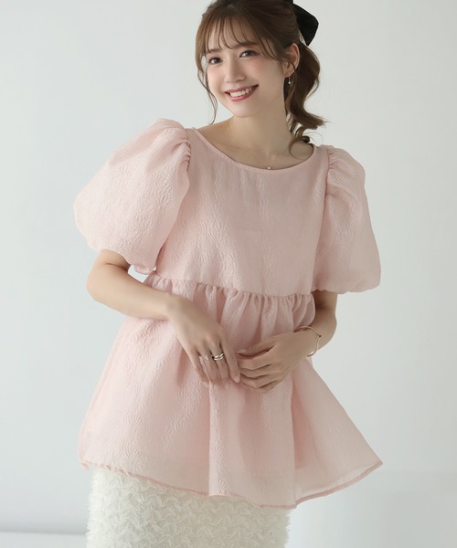 MERAKI ブラウス シャツ 半袖 ふくれジャガードパフスリーブブラウス 