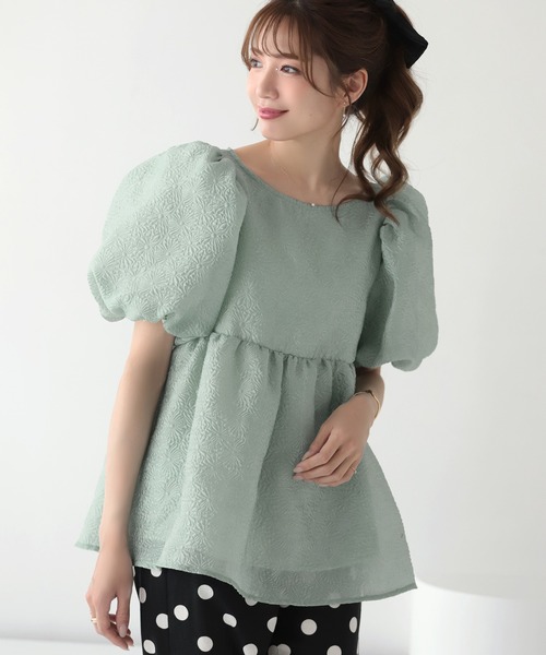 新品未使用　meraki パフスリーブトップス MERAKI ブラウス シャツ 半袖 ふくれジャガードパフスリーブブラウス