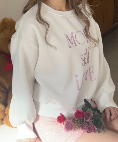 トレーナー スウェット MORE self LOVE logo rhinestone sweat レディース