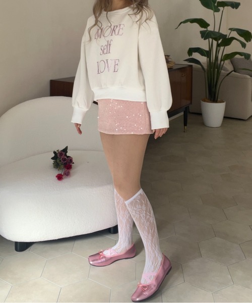 MORE self LOVE トレーナー スウェット logo rhinestone sweat