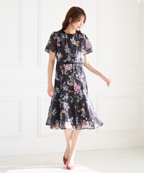 美品　ローズティアラ　ロングワンピース　花柄　プリーツ　ネイビー　半袖　46 Rose Tiara（ローズティアラ） ワンピース 半袖 オーガンジー刺繍