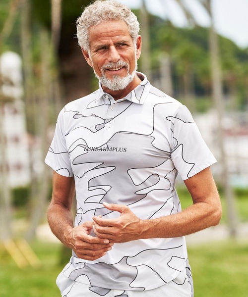 LUXEAKMPLUSリュクスエイケイエムプラス ゴルフ 半袖 ポロシャツメンズ LUXEAKMPLUS(リュクスエイケイエムプラス)ゴルフ 総柄ロゴ半袖モック