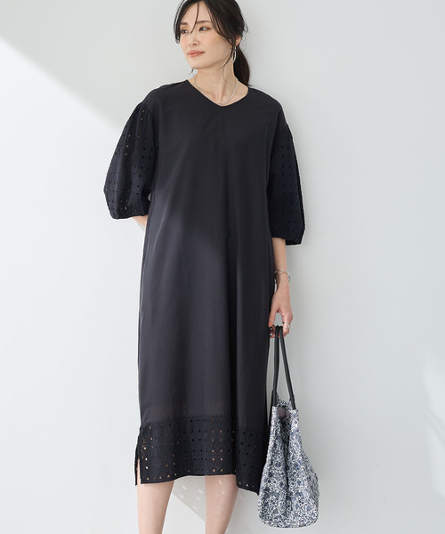 ワンピース ダイヤ刺しゅうパフスリーブワンピース