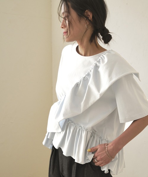 tシャツ フリル付きクルーネック半袖Tシャツ-手洗い可- レディース
