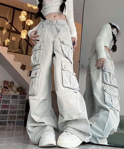 FreeZone ワイドパンツ ジーンズ ライトウォッシュカーゴデニムワイド