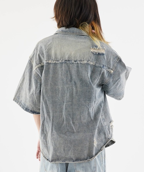 Theater code デニムジャケット gジャン Damaged Short-Sleeved Denim 