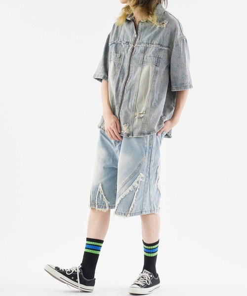 Theater code デニムジャケット gジャン Damaged Short-Sleeved Denim 