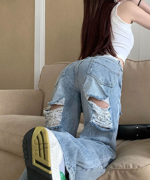 「GLAMOROUS JANE」 「neveroffendlange」ダメージ加工デニムパンツ S ブルー レディース