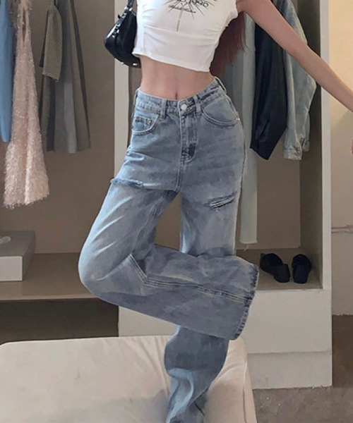 「GLAMOROUS JANE」 「neveroffendlange」ダメージ加工デニムパンツ S ブルー レディース