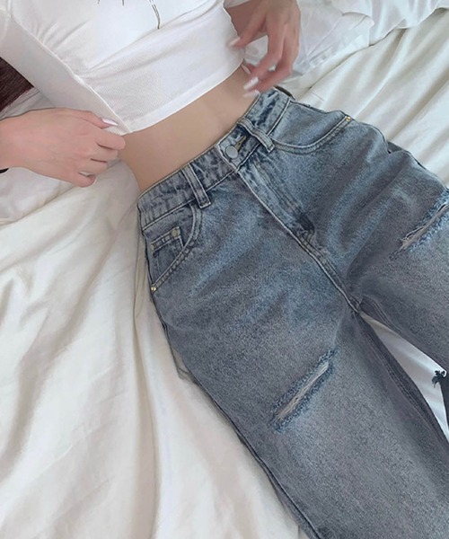 「GLAMOROUS JANE」 「neveroffendlange」ダメージ加工デニムパンツ S ブルー レディース