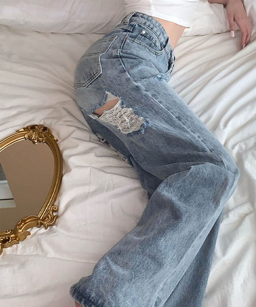 「GLAMOROUS JANE」 「neveroffendlange」ダメージ加工デニムパンツ S ブルー レディース