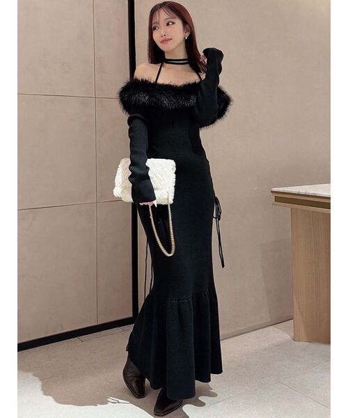 【新品】resexxy フェイクファートリムニットワンピース チャコールグレー RESEXXY（リゼクシー） ワンピース フェイクファートリムニット