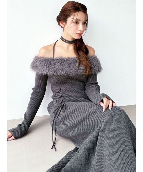 resexxy フェイクファートリムニットワンピース チャコールグレー RESEXXY（リゼクシー） ワンピース フェイクファートリムニット