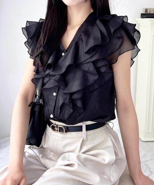 極美品 EBONY エボニー シアーブラウスノースリーブ アイリスカットトップス INGNI（イング） ブラウス シャツ 「WEB限定」フリルシアーノースリ