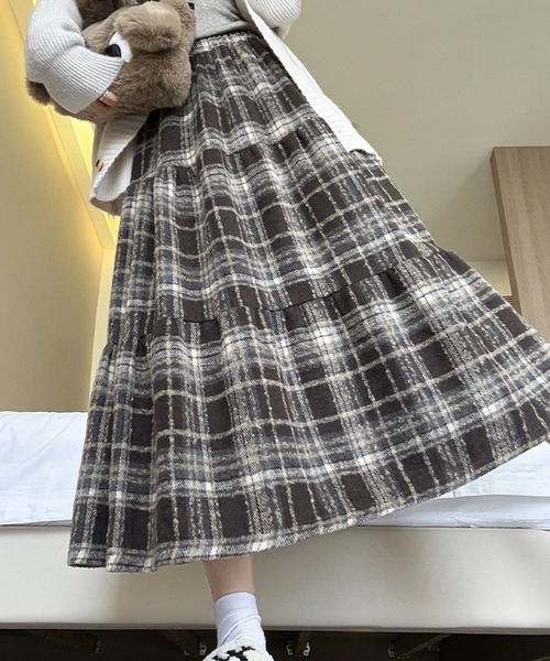【極美品】アルアバイル　洗える　ギンガムチェック ティアード ロングスカート レディース 【極美品】アルアバイル 洗える ギンガムチェック