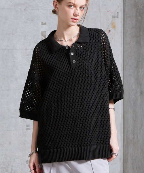 SERACE ポロシャツ 半袖 「SERACE」Loose openwork mesh short sleeve