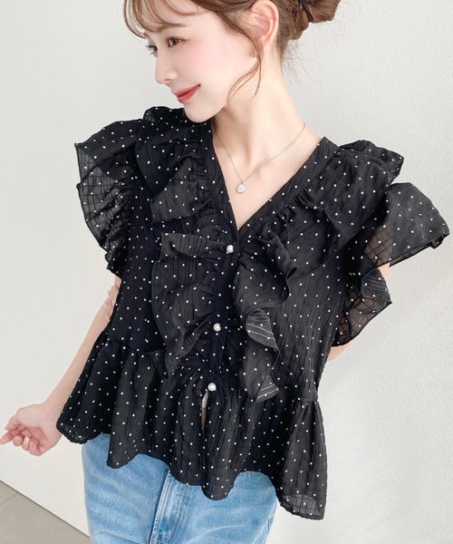 ★即購入可★新品未使用★ドットシャーリングブラウス ブラック moment+ ブラウス シャツ シャーリングドットプリントVネックフリル