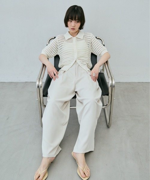 AIC. カーディガン 半袖 メッシュ編みポロニットカーディガン