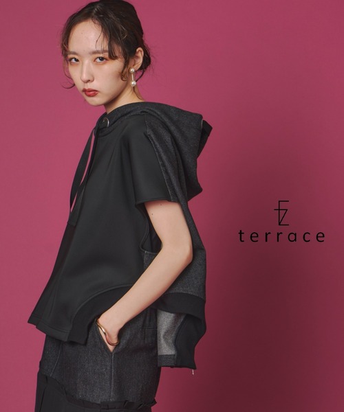 terrace パーカー ジャージドッキングデニムノースリーブパーカー