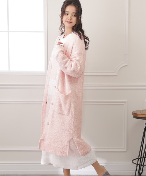 ElegChic パジャマ ルームウェア ルームニットマキシ丈カーディガン