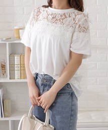 黒のレース袖半袖Tシャツ Lace Ladies tシャツ レース切替半袖Tシャツ レディース