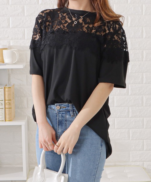 レース切り替え 半袖Tシャツ カットソー Lace Ladies（レースレディース） tシャツ 半袖 レース切替半袖Tシャツ