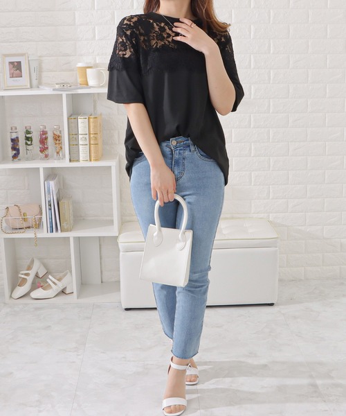 黒のレース袖半袖Tシャツ Lace Ladies tシャツ レース切替半袖Tシャツ レディース
