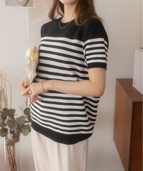 ニット セーター 「洗える」マルチボーダーハーフスリーブニット レディース DRESSTERIOR ニット セーター 「洗える」マルチボーダーハーフ