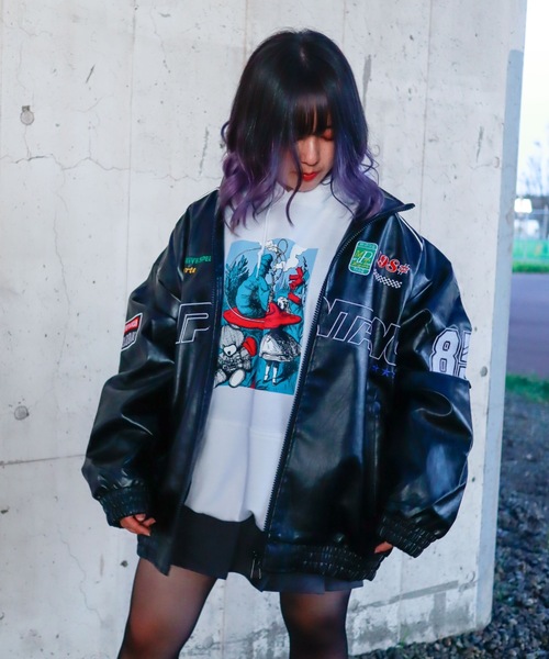 Bling Leads ブルゾン アウター Z)「BLINGLEADS」PUレザー刺繍ブルゾン