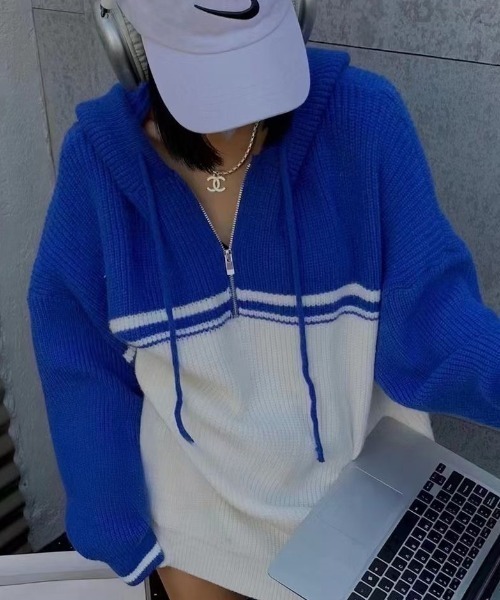 ニット セーター ハーフジップ バイカラー切り替えニット