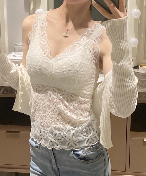 レディース レーストップス キャミソール インナー付き 白 春服 夏服 かわいい shoppinggo キャミソール 夏服 総レースキャミソール カップ付 キャミ
