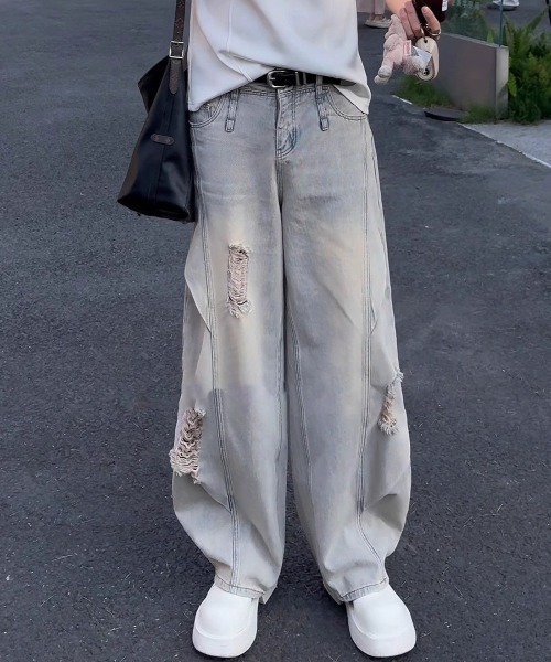 ジーンズ ルーズ ワイド ストレートパンツ ダメージ加工 クール Ressaca ジーンズ ルーズシルエット ダメージ加工ワイド