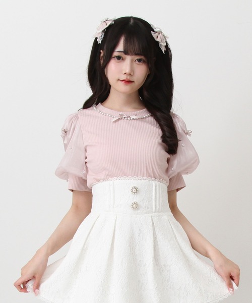tシャツ パールネックレスリボンパフ袖トップス レディース