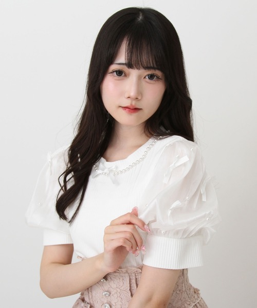 DearMyLove tシャツ 半袖 パールネックレスリボンパフ袖トップス
