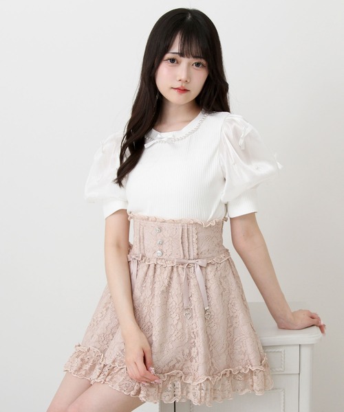 DearMyLove tシャツ 半袖 パールネックレスリボンパフ袖トップス