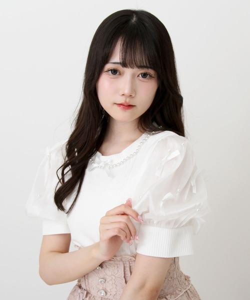 ●ローブドシャンブル コムデギャルソン●パール ネックレス付き Tシャツ DearMyLove tシャツ パールネックレスリボンパフ袖トップス レディース
