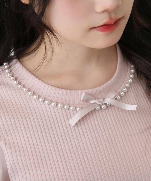 DearMyLove tシャツ 半袖 パールネックレスリボンパフ袖トップス