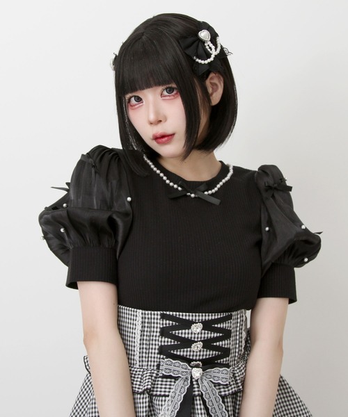 DearMyLove tシャツ 半袖 パールネックレスリボンパフ袖トップス 