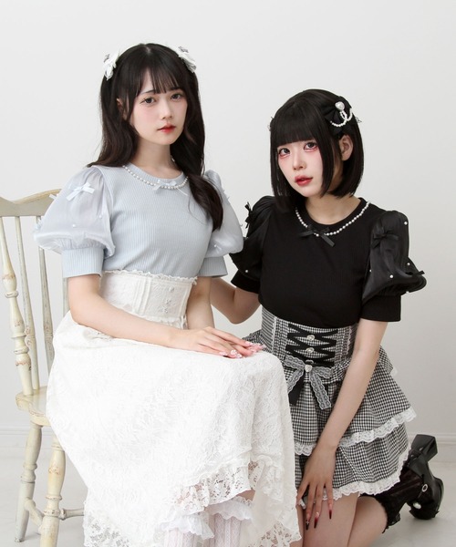 DearMyLove tシャツ パールネックレスリボンパフ袖トップス レディース