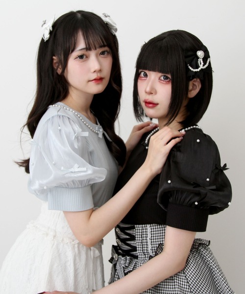 DearMyLove tシャツ 半袖 パールネックレスリボンパフ袖トップス
